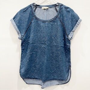 Cloth & Stone Chambray Cuffed Short Sleeve Top Printed Side Slits Medium